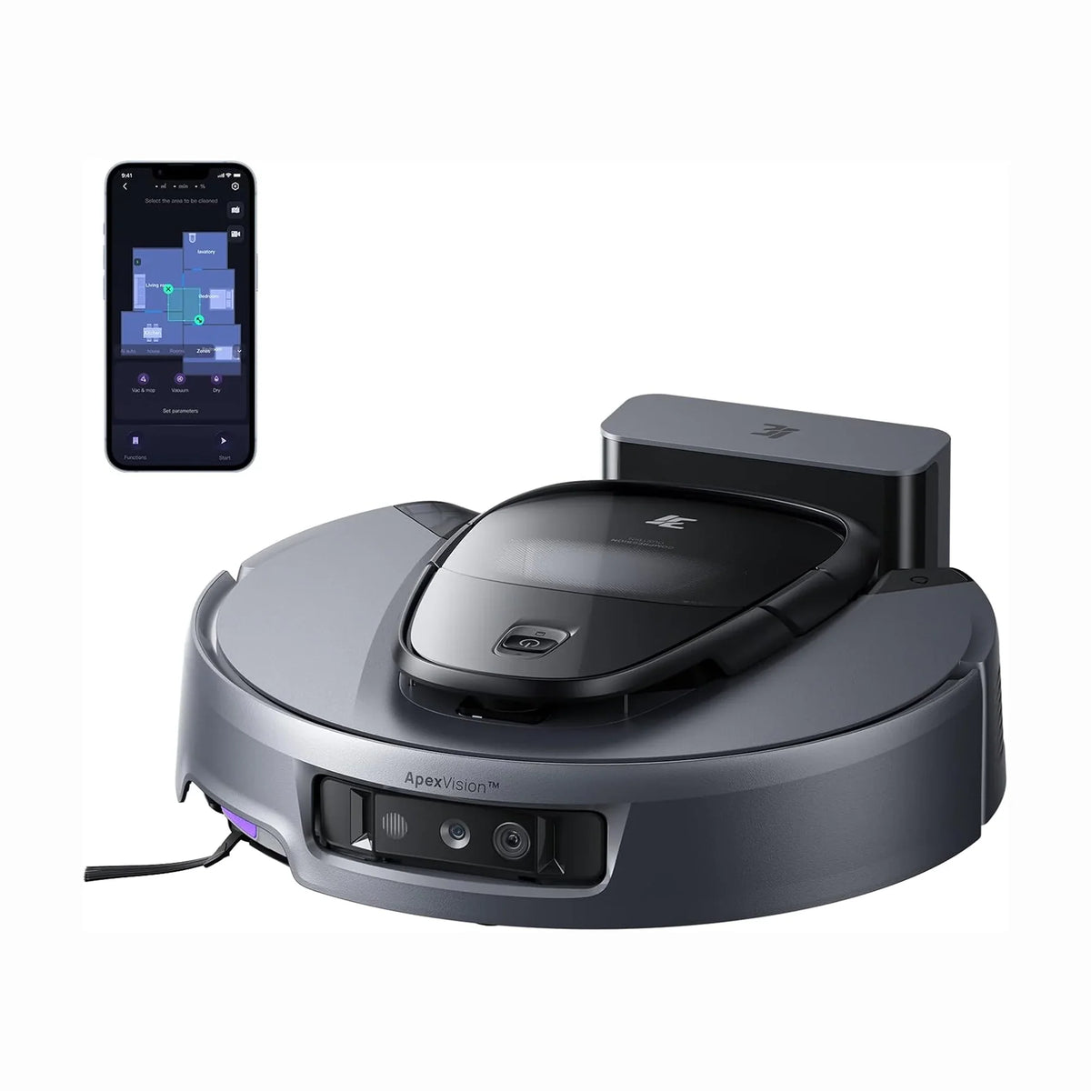 cutting edge electronics online Canada. smart tech store Canada. 3i Smart Robot Vacuum and Mop (G10 +). Gallery image 1. A sleek, round robotic vacuum is prominently displayed in the center of the frame, featuring a matte gray body with a glossy black top. The front of the vacuum includes a small control panel and two sensors, while a charging dock is visible behind it. To the left, a smartphone shows a user interface with a map of a home layout, indicating cleaning zones.