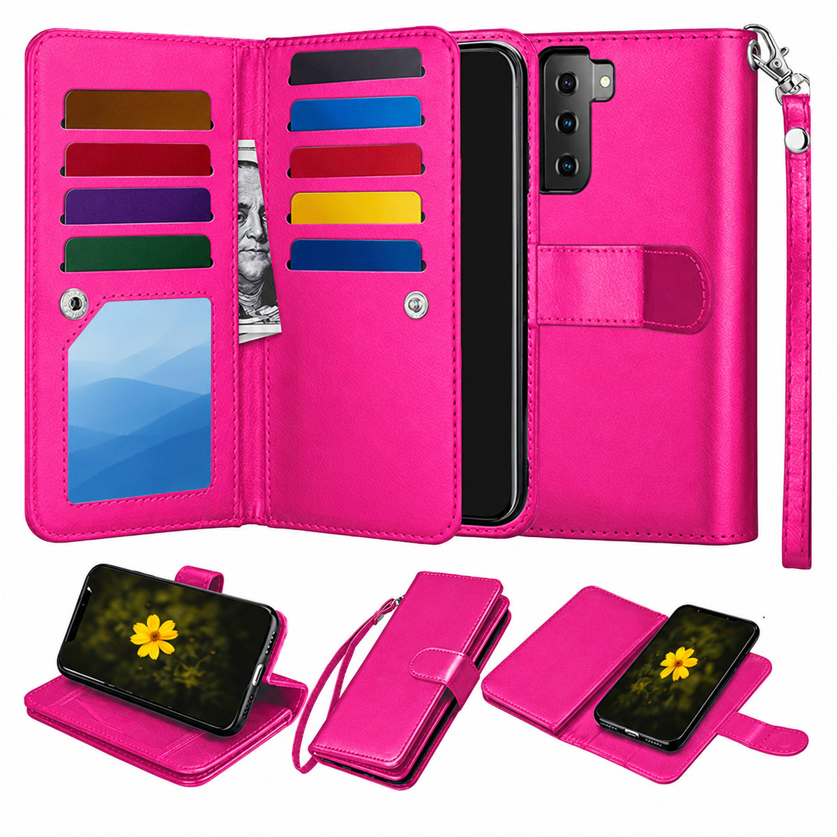 Bifold 9 Card detachable wallet for Samsung Galaxy S21 Plus - Pink