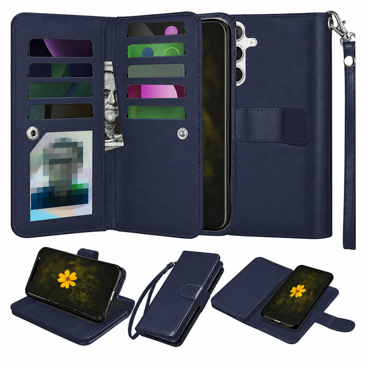Bifold 9 Card detachable wallet for Samsung Galaxy A14 5G - Navy