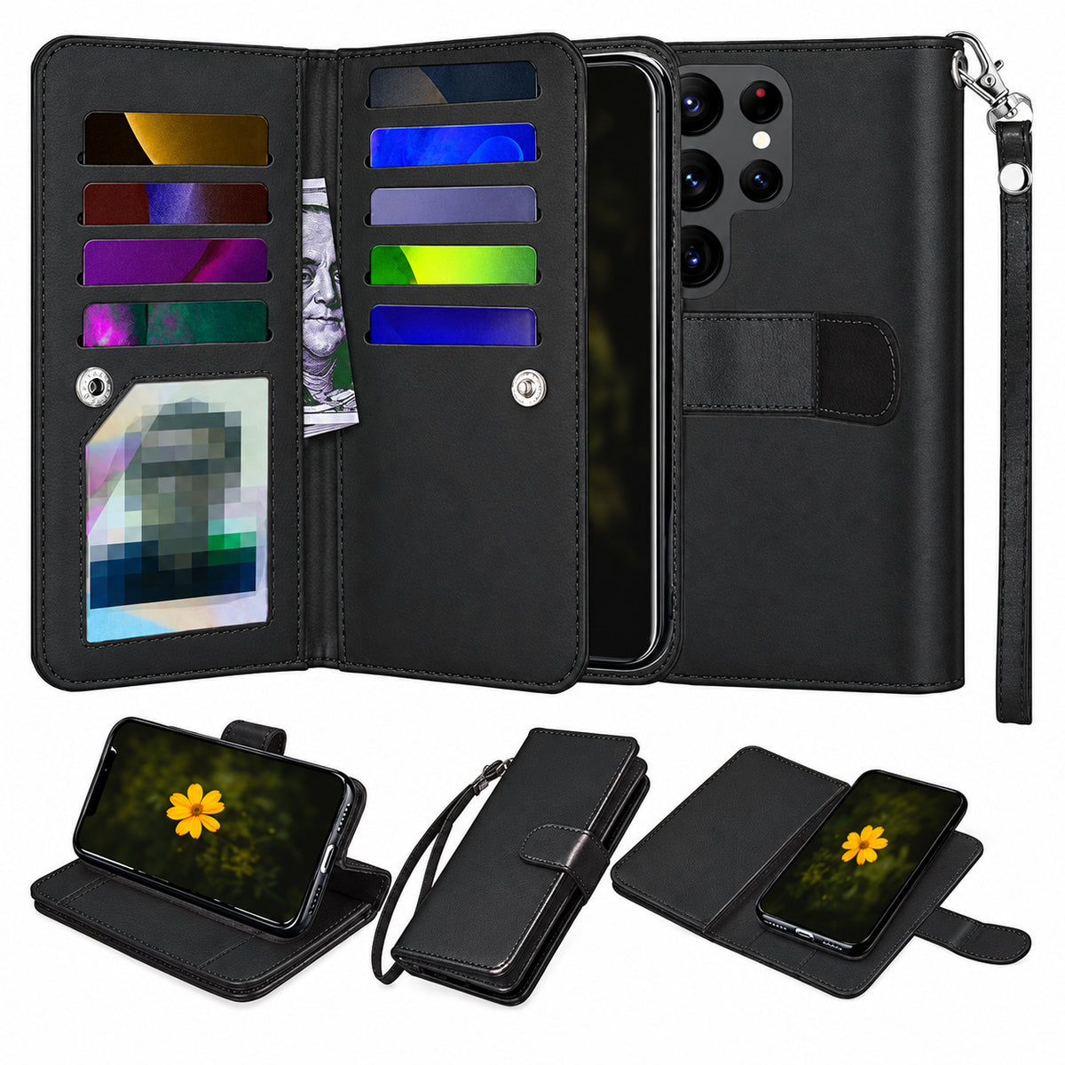 Bifold 9 Card Detachable Wallet for Samsung Galaxy S26 Ultra - Black