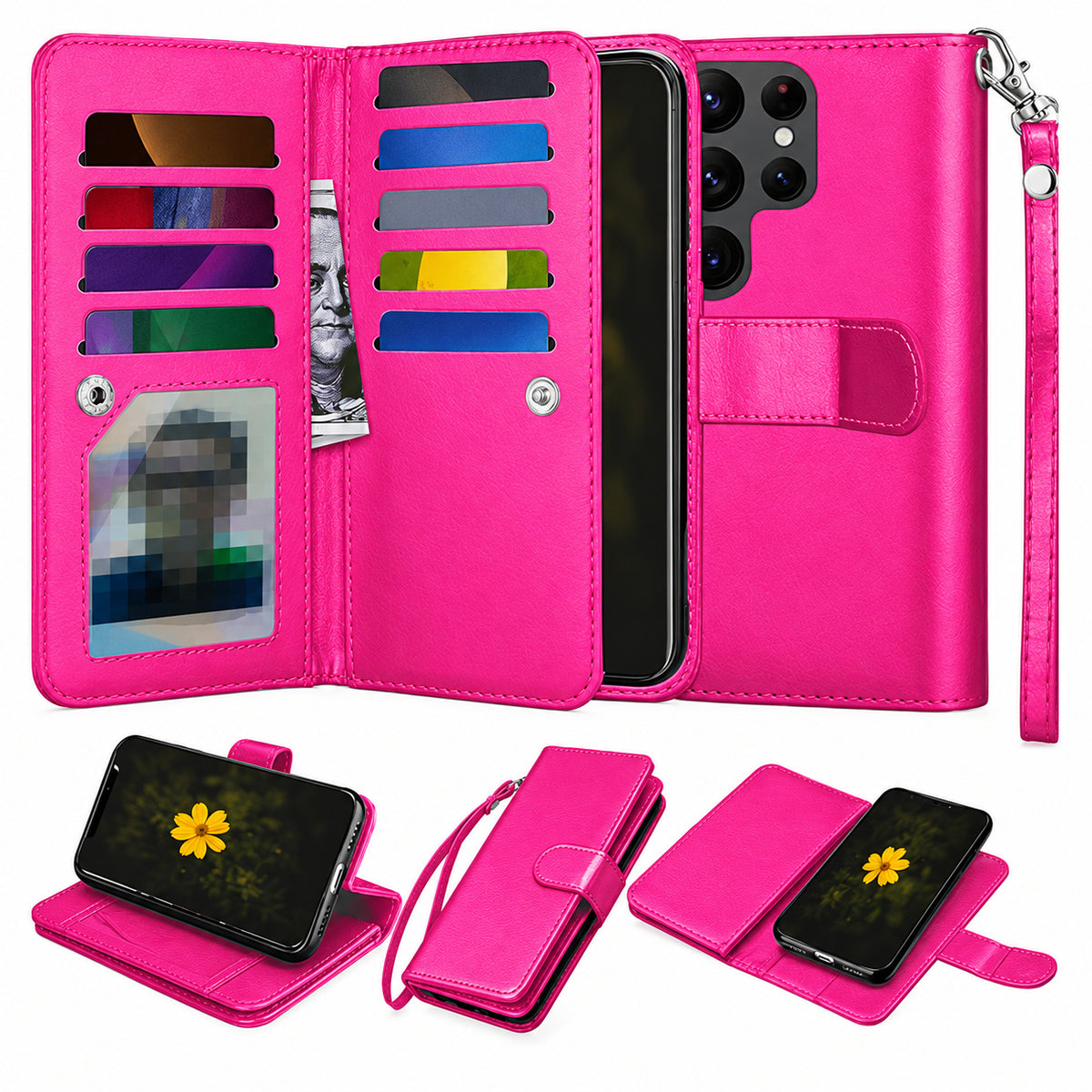 Bifold 9 Card Detachable Wallet for Samsung Galaxy S26 Ultra - Hot Pink