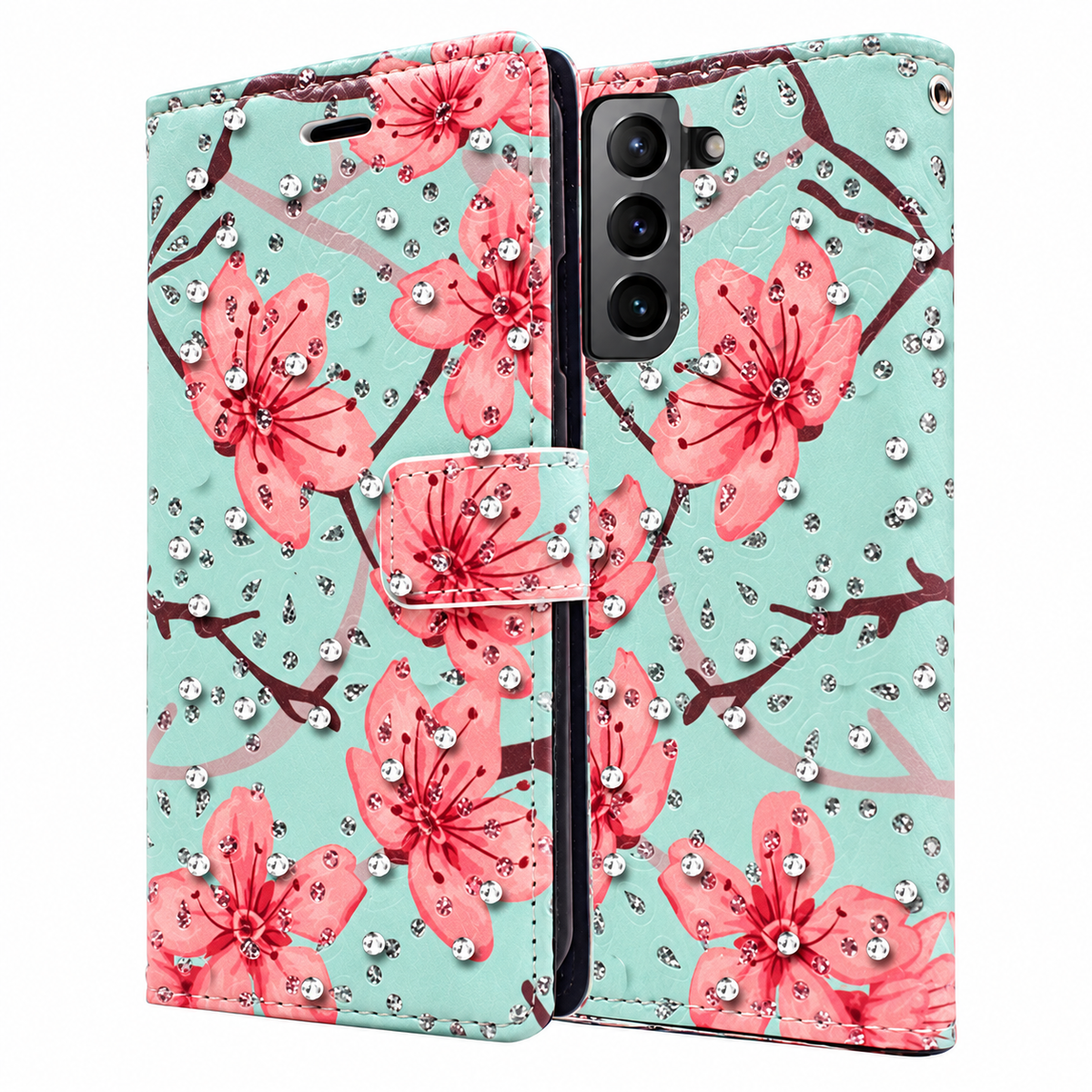 Diamond Wallet w/ Floral Design for Samsung Galaxy S21 Plus - Teal