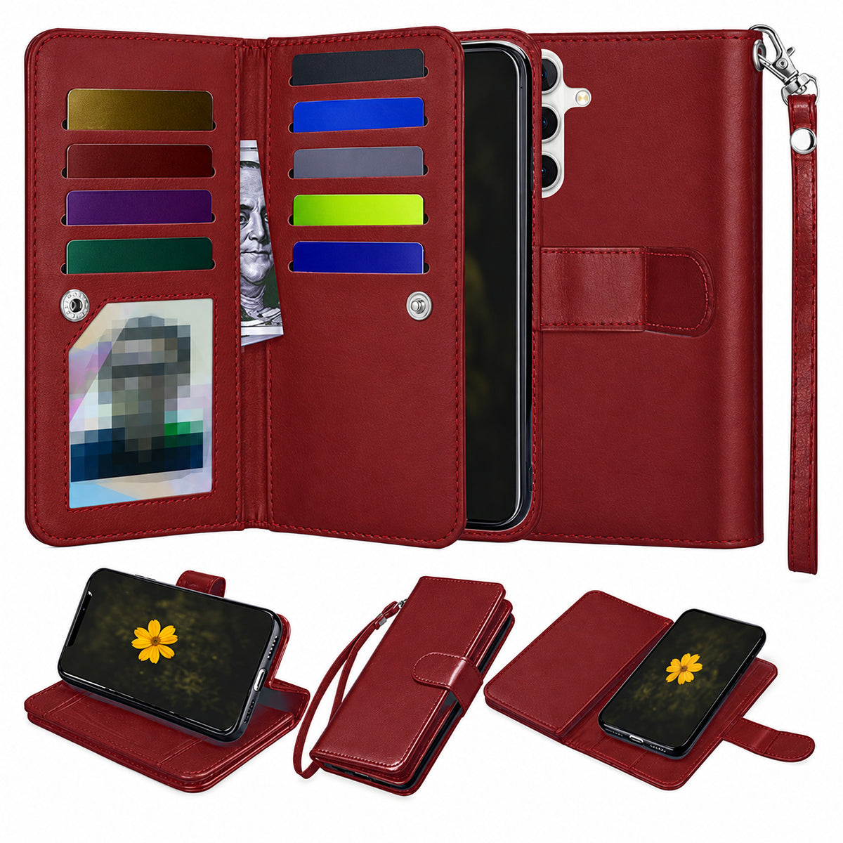 Bifold 9 Card detachable wallet for Samsung Galaxy S26 - Wine