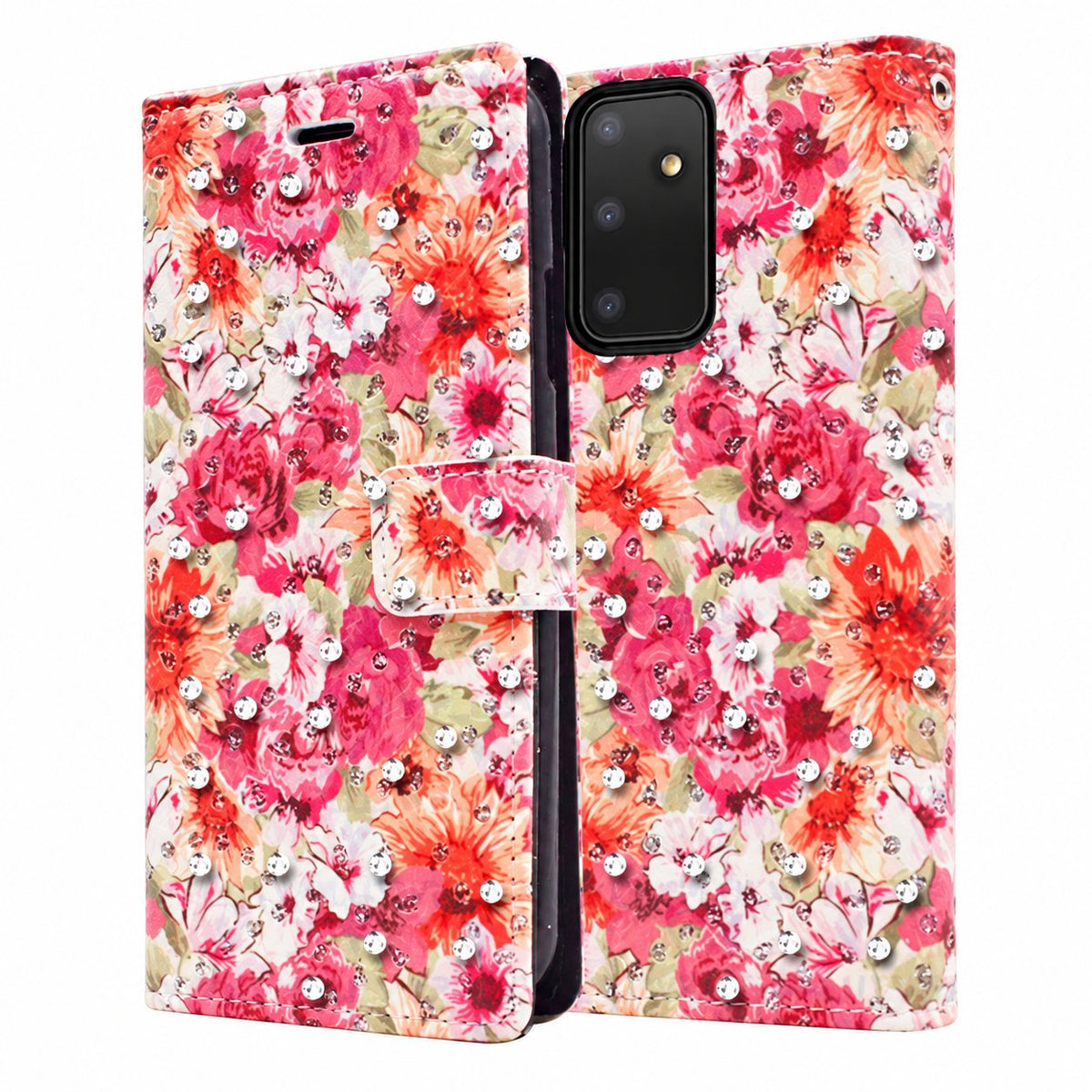 Diamond Wallet w/ Floral Design for Samsung Galaxy A13 5G / A04S - Orange/Pink