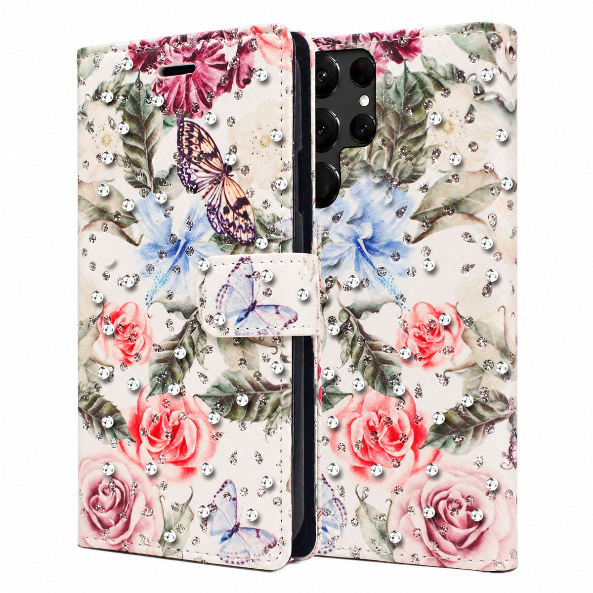 Diamond Wallet w/ Floral Design for Samsung Galaxy S22 Ultra - White