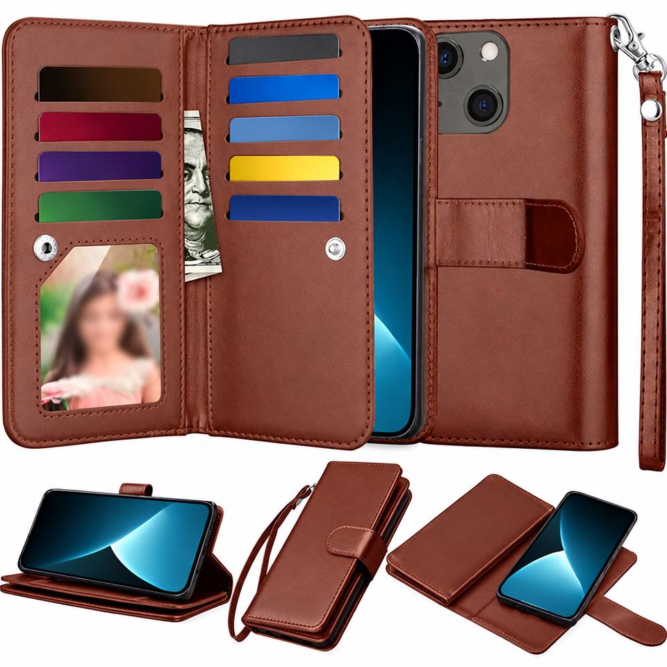 Bifold 9 Card detachable wallet for Apple iPhone 13 Mini/12 Mini - Brown