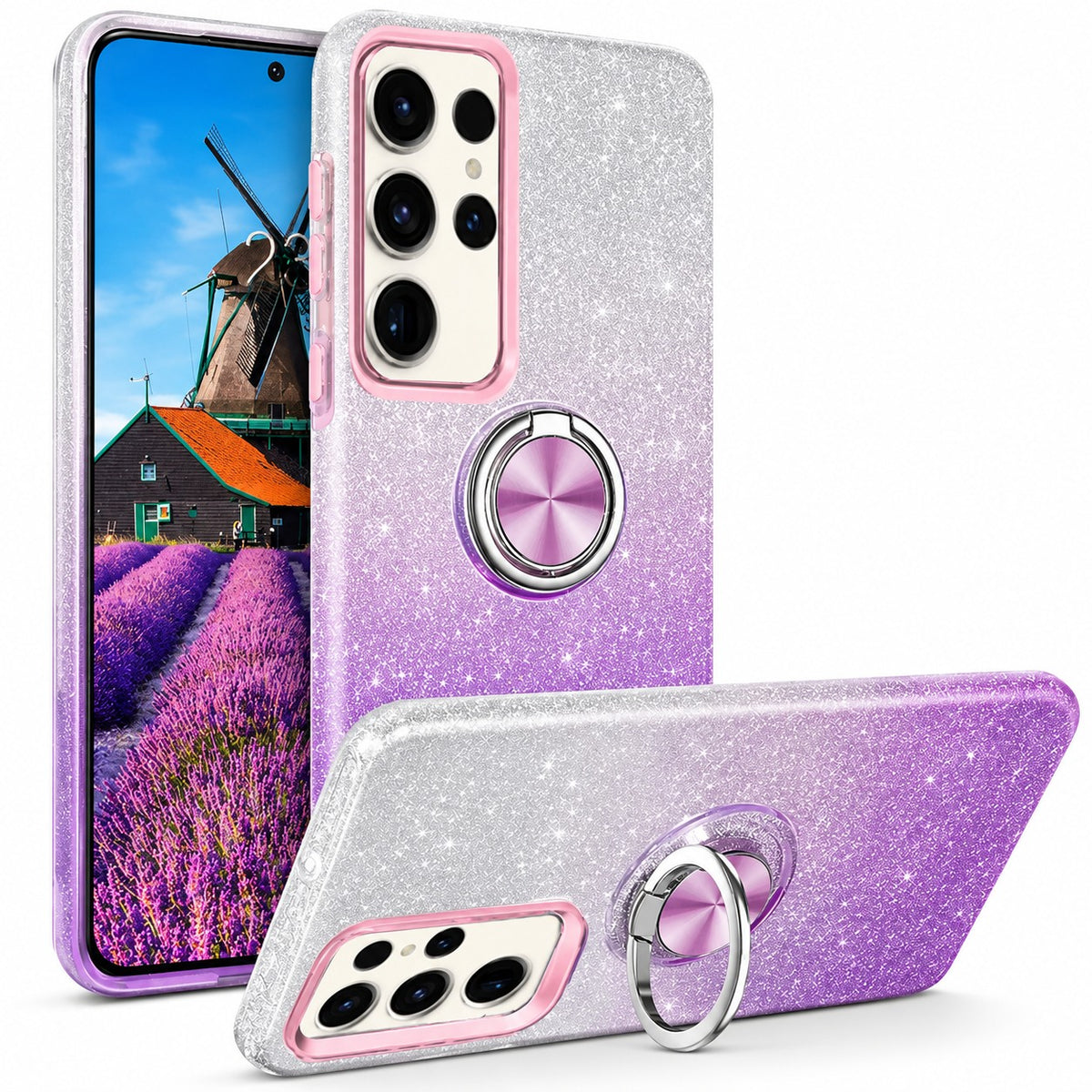 3-in-1 Glitter w/ Ring Case for Samsung Galaxy S23 Ultra - Purple / Silver