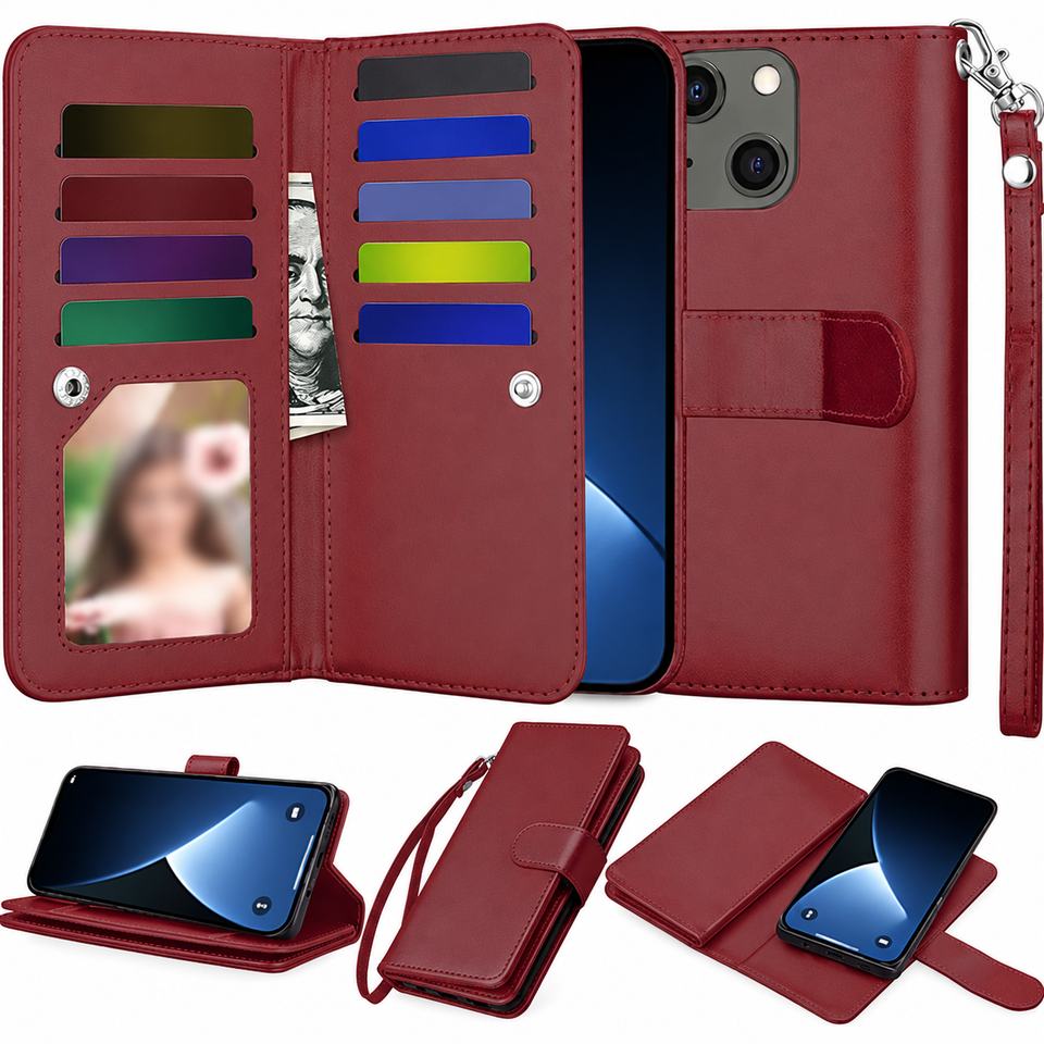 Bifold 9 Card detachable wallet for Apple iPhone 13 Mini/12 Mini - Wine