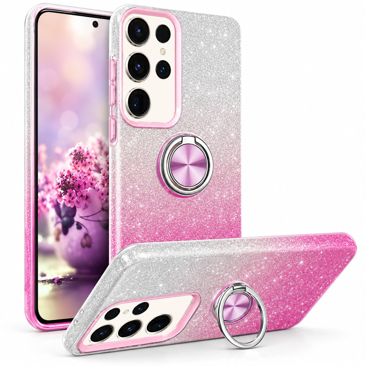3-in-1 Glitter w/ Ring Case for Samsung Galaxy S23 Ultra - Pink / Silver