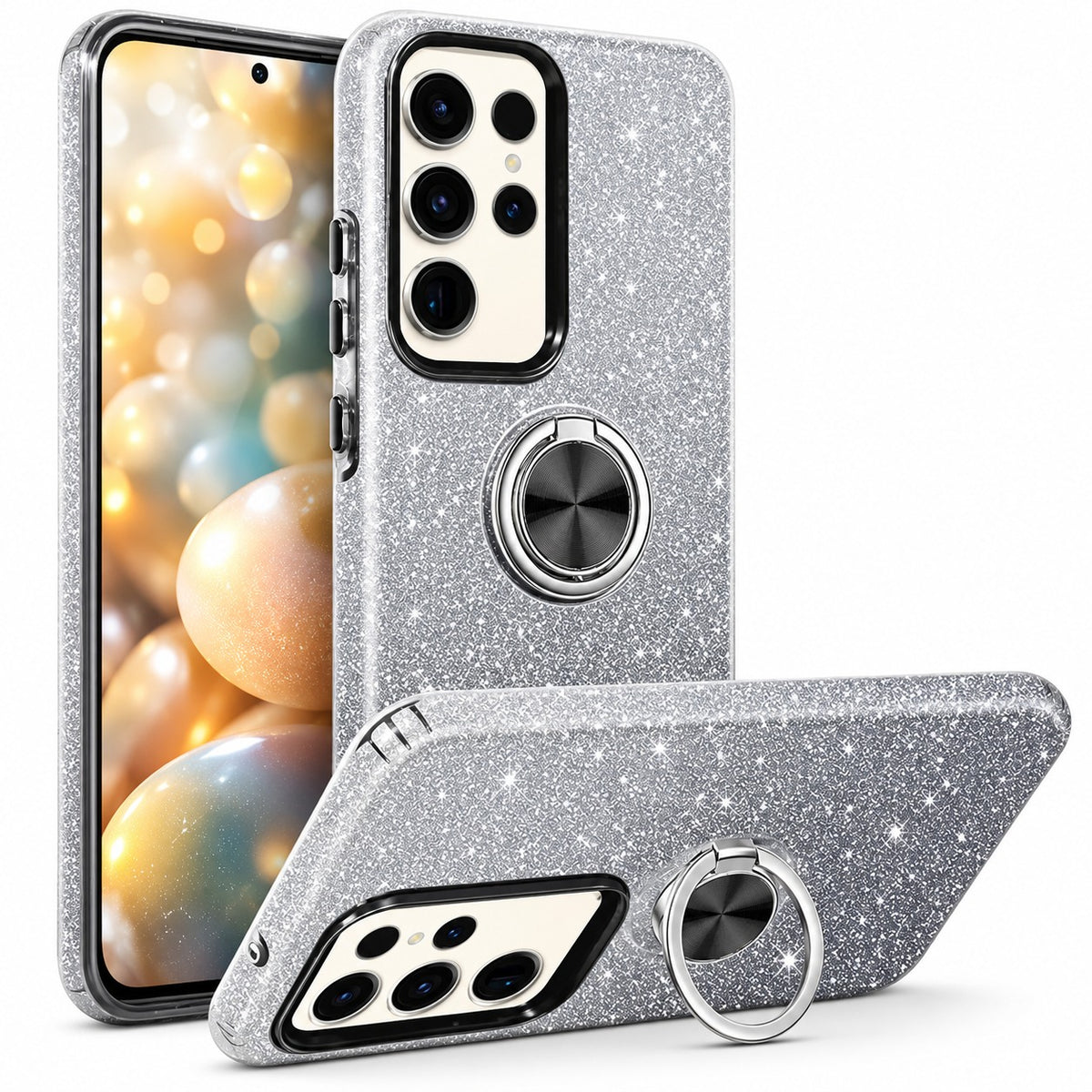 3-in-1 Glitter w/ Ring Case for Samsung Galaxy S23 Ultra - Black / Silver