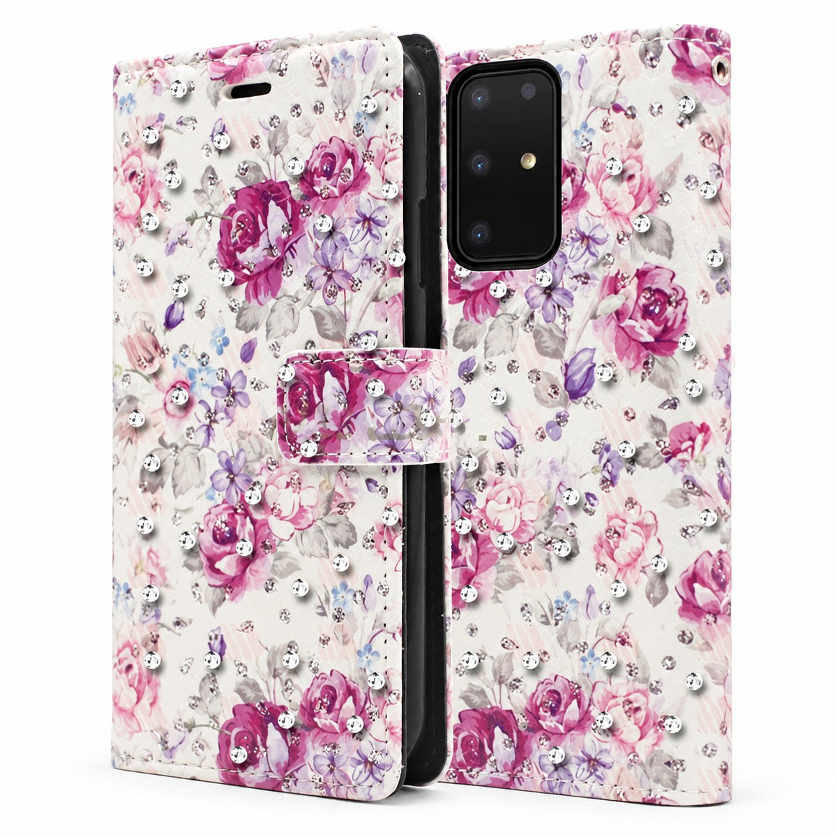 Diamond Wallet w/ Floral Design for Samsung Galaxy S20 Ultra - Purple