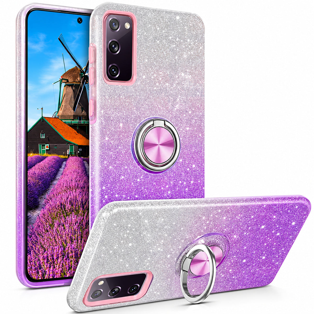 3-in-1 Glitter w/ Ring Case for Samsung Galaxy S23 FE - Purple/Silver