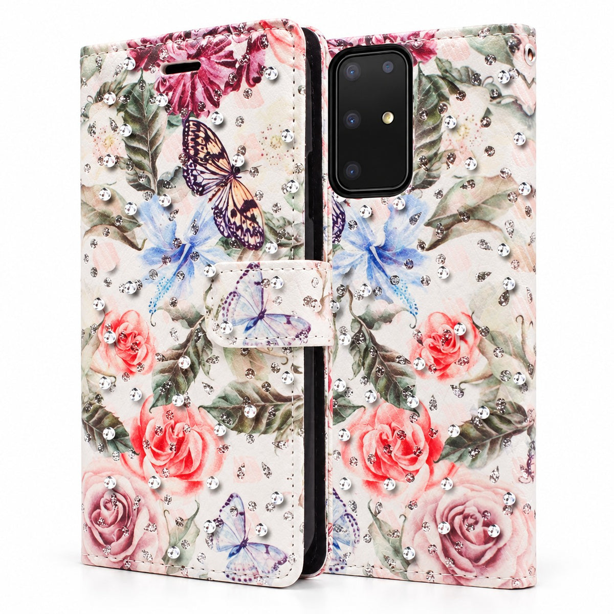 Diamond Wallet w/ Floral Design for Samsung Galaxy S20 Ultra - White Butterfly