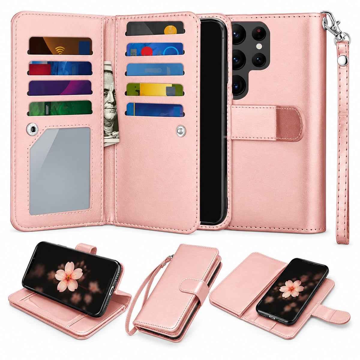 Bifold 9 Card detachable wallet for Samsung Galaxy S23 Ultra - Rose Gold