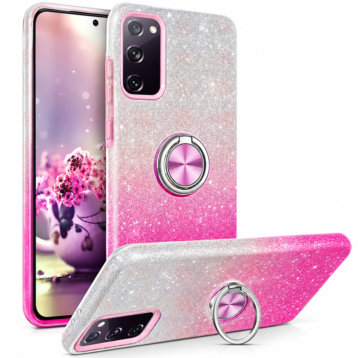 3-in-1 Glitter w/ Ring Case for Samsung Galaxy S23 FE - Pink/Silver