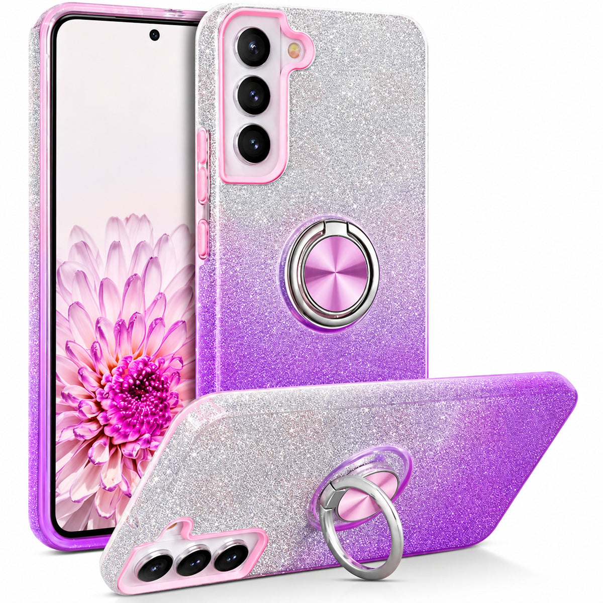 3-in-1 Glitter w/ Ring Case for Samsung Galaxy S23 - Purple/Silver
