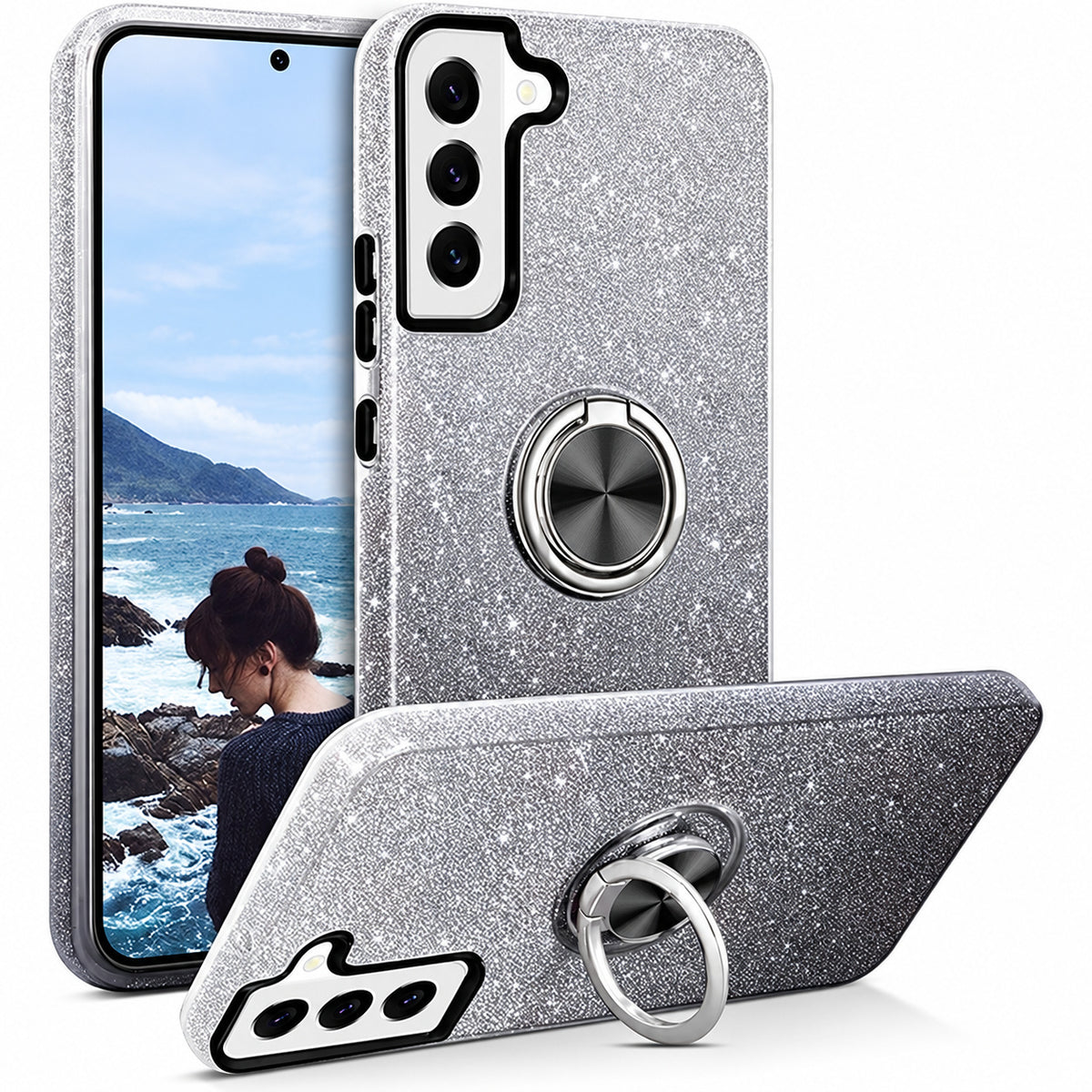 3-in-1 Glitter w/ Ring Case for Samsung Galaxy S23 - Black/Silver