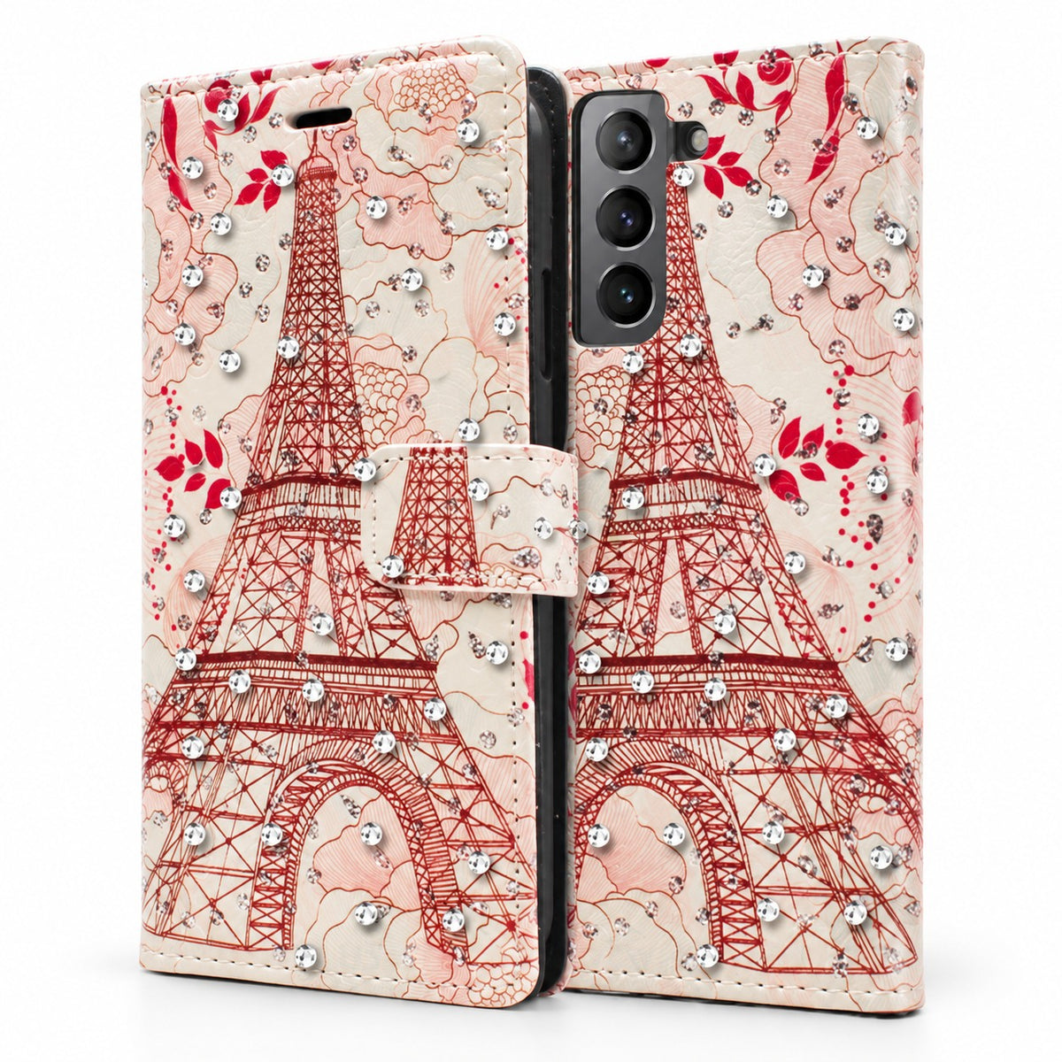 Diamond Wallet with Floral Design Case for Samsung Galaxy S22 Plus - Pink Rose Paris