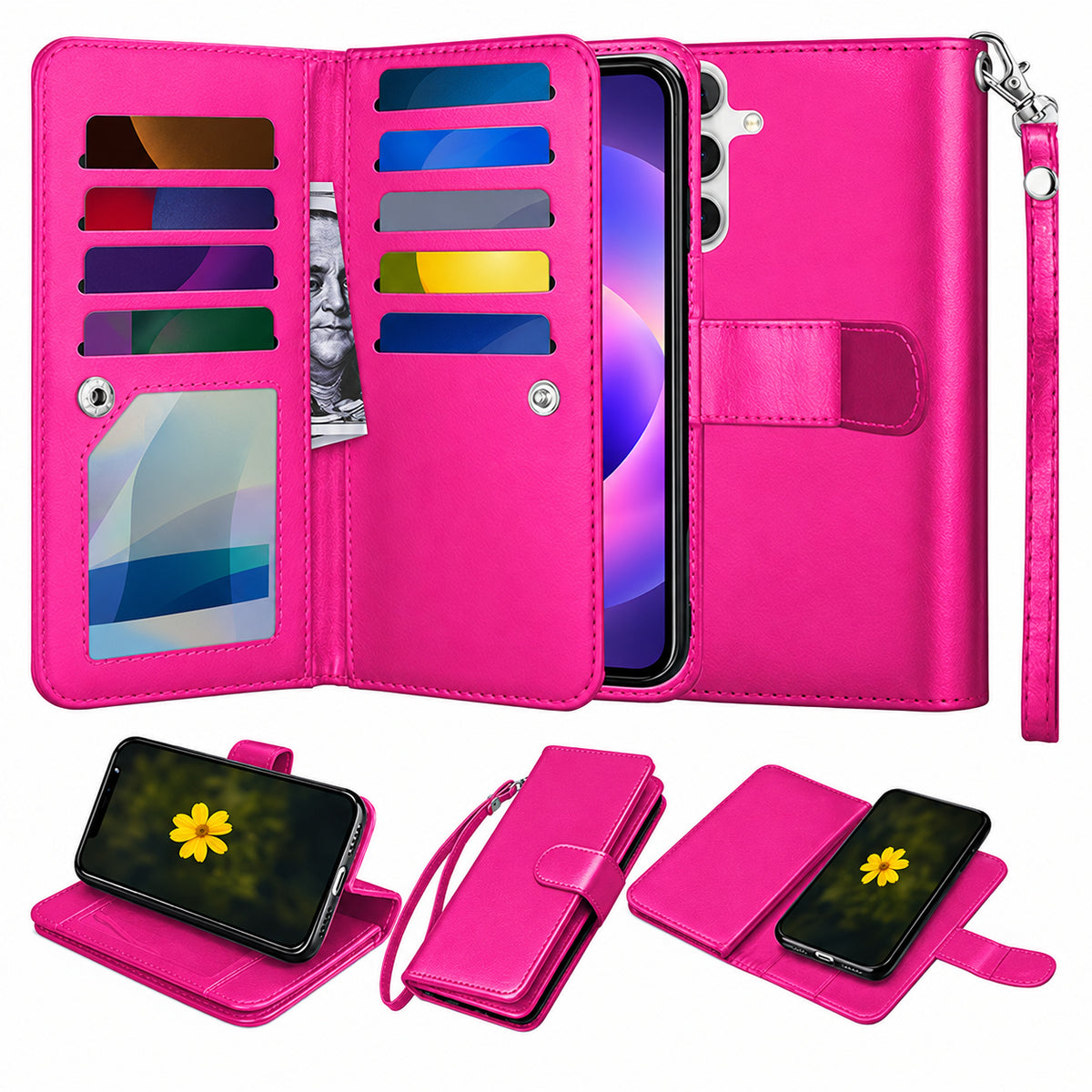 Bifold 9 Card detachable wallet for Samsung Galaxy A56 - Hot Pink