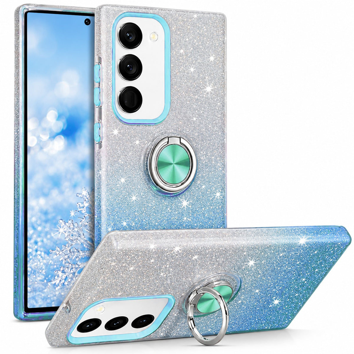 3-in-1 Glitter w/ Ring Case for Samsung Galaxy S24 Plus - Blue / Silver