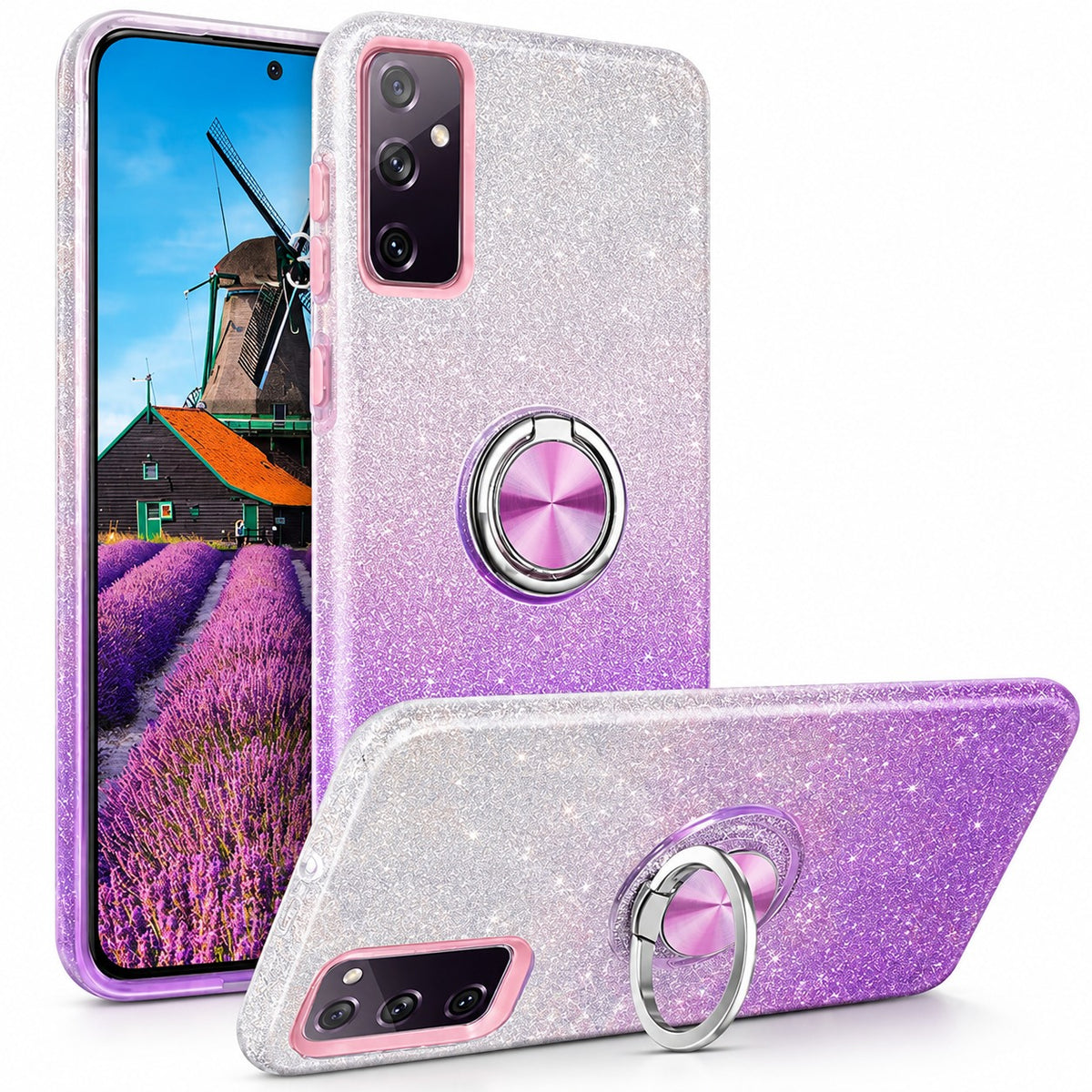 3-in-1 Glitter with Ring Case for Samsung Galaxy S24 FE - Purple / Silver