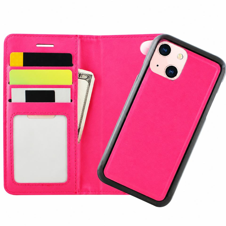 Photo ID Wallet w/2 in 1 Magnet Case for Apple iPhone 13 Mini/12 Mini - Hot Pink