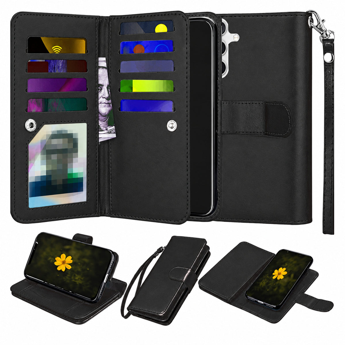 Bifold 9 Card detachable wallet for Samsung Galaxy A35 5G - Black