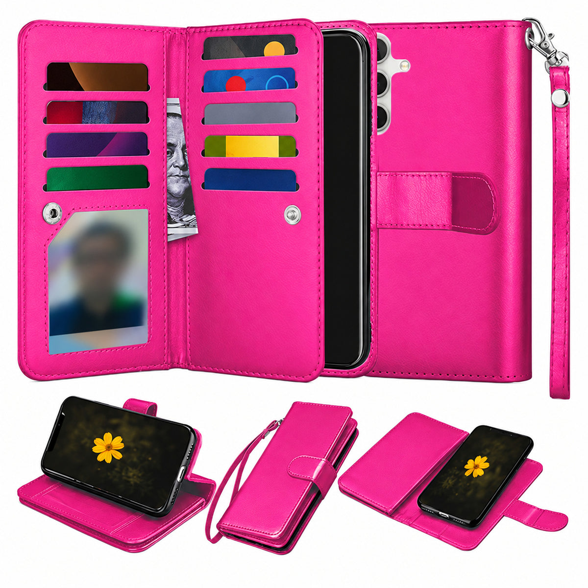 Bifold 9 Card detachable wallet for Samsung Galaxy A35 5G - Hot Pink