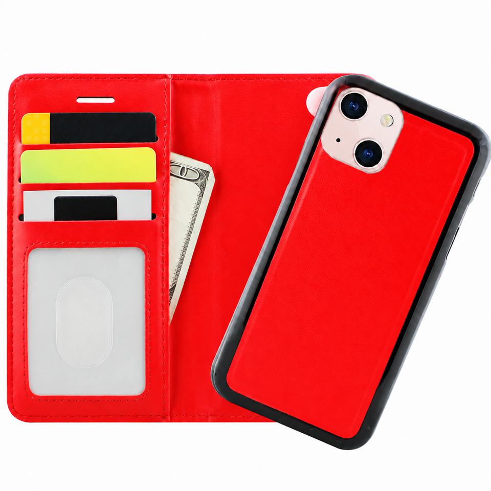 Photo ID Wallet w/2 in 1 Magnet Case for Apple iPhone 13 Mini/12 Mini - Red