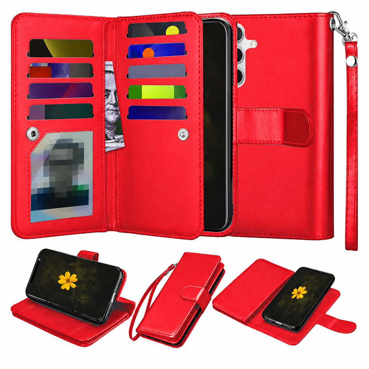 Bifold 9 Card detachable wallet for Samsung Galaxy A35 5G - Red