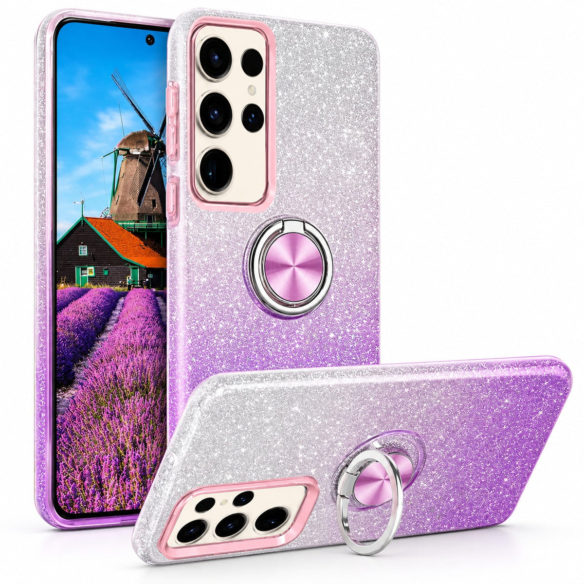 3-in-1 Glitter w/ Ring Case for Samsung Galaxy S24 Ultra - Purple / Silver