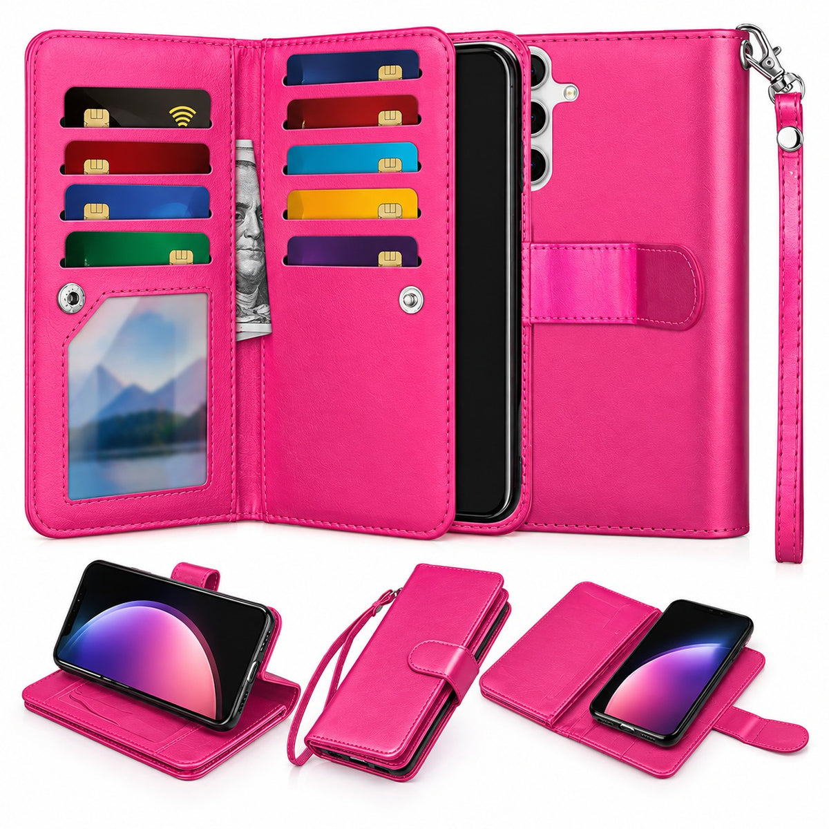Bifold 9 Card detachable wallet for Samsung Galaxy S24 Plus - Hot Pink
