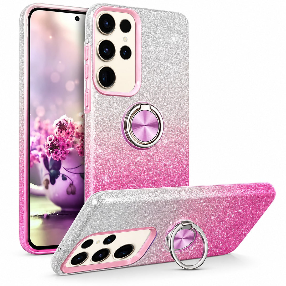 3-in-1 Glitter w/ Ring Case for Samsung Galaxy S24 Ultra - Pink / Silver