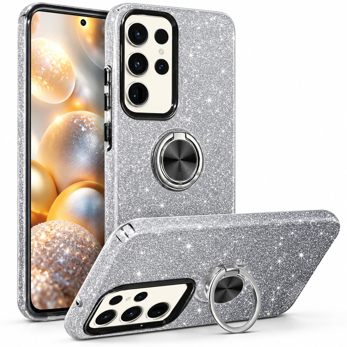 3-in-1 Glitter w/ Ring Case for Samsung Galaxy S24 Ultra - Black / Silver
