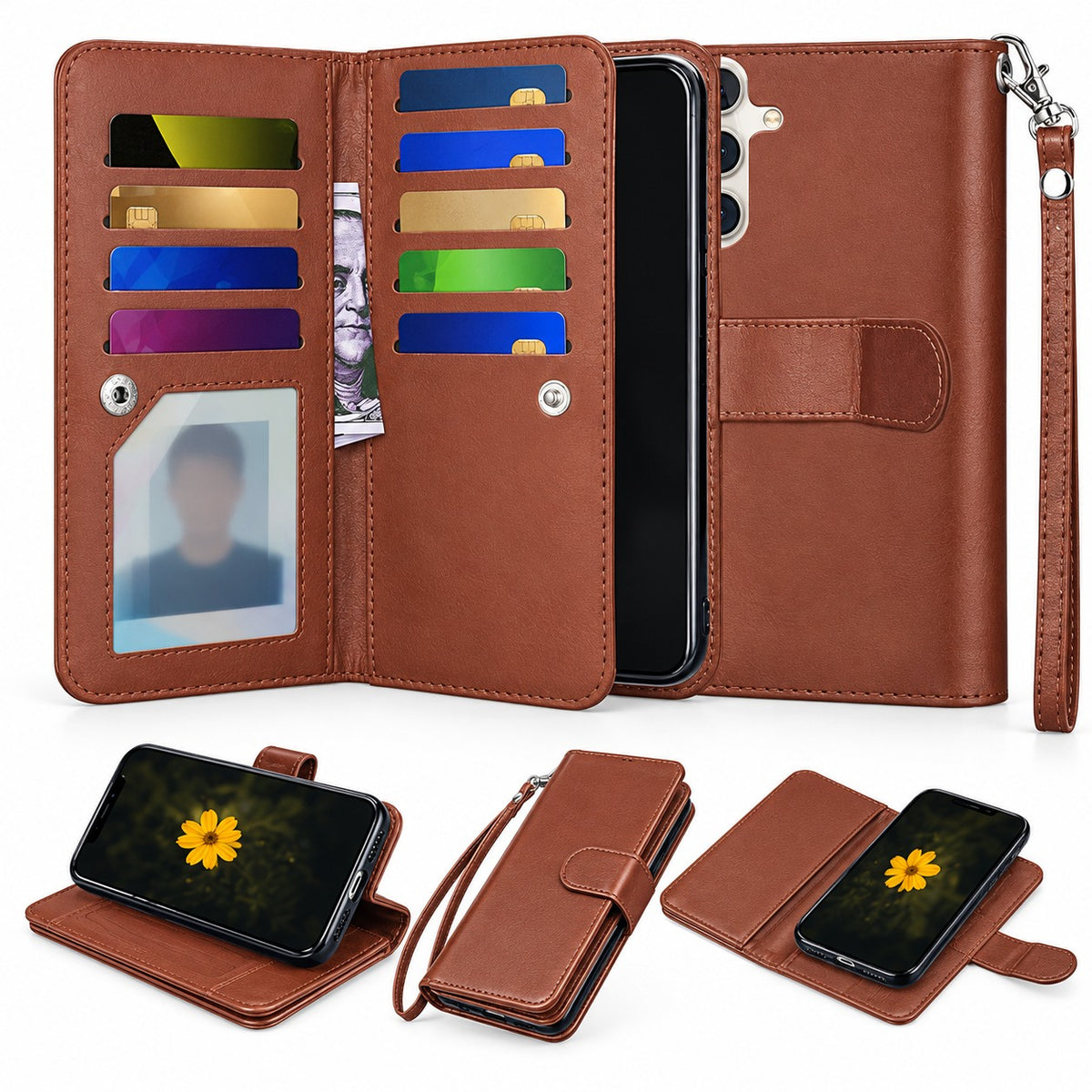 Bifold 9 Card detachable wallet for Samsung Galaxy S24 Plus - Brown