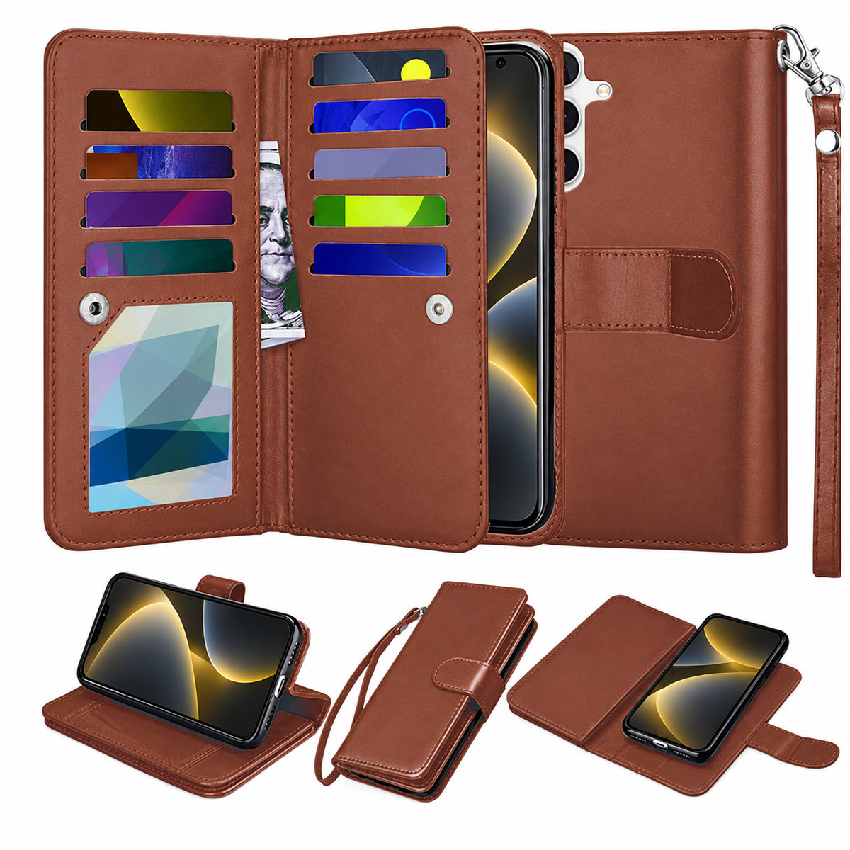 Bifold 9 Card detachable wallet for Samsung Galaxy A36 - Brown