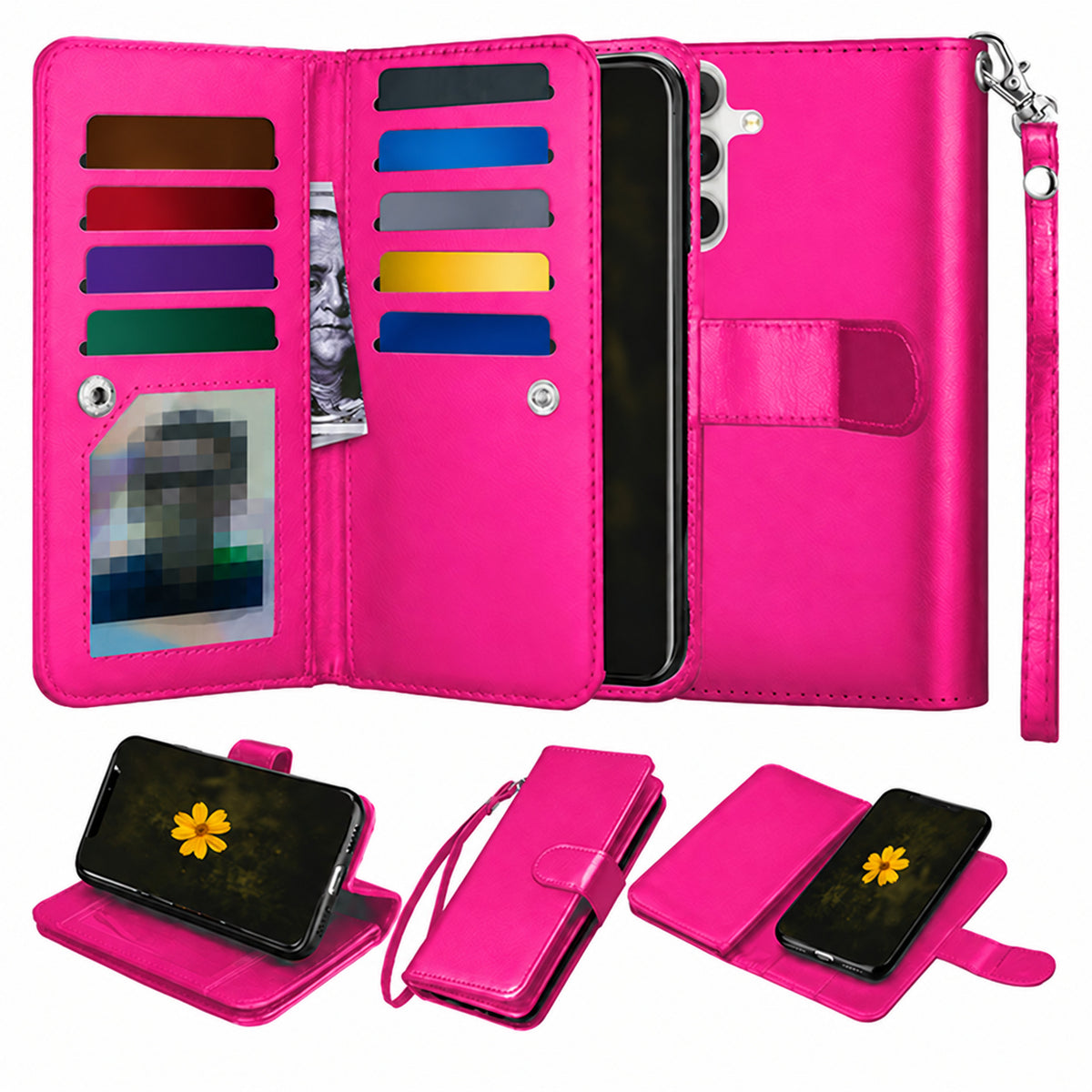 Bifold 9 Card Detachable Wallet Case for Samsung Galaxy S26 FE - Hot Pink