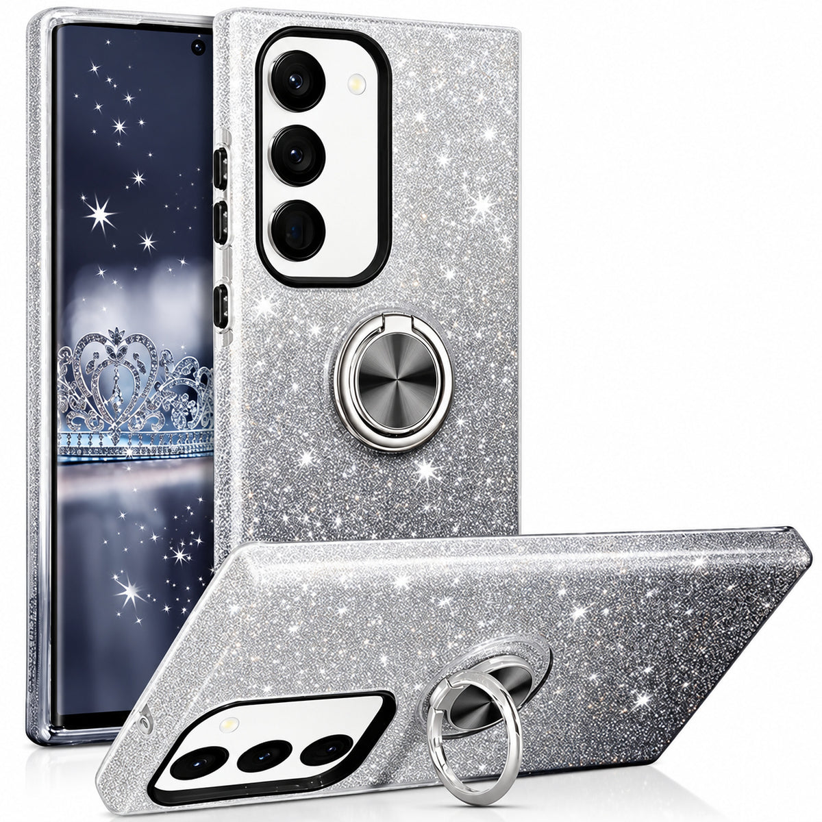 3-in-1 Glitter w/ Ring Case for Samsung Galaxy S24 - Black/Silver