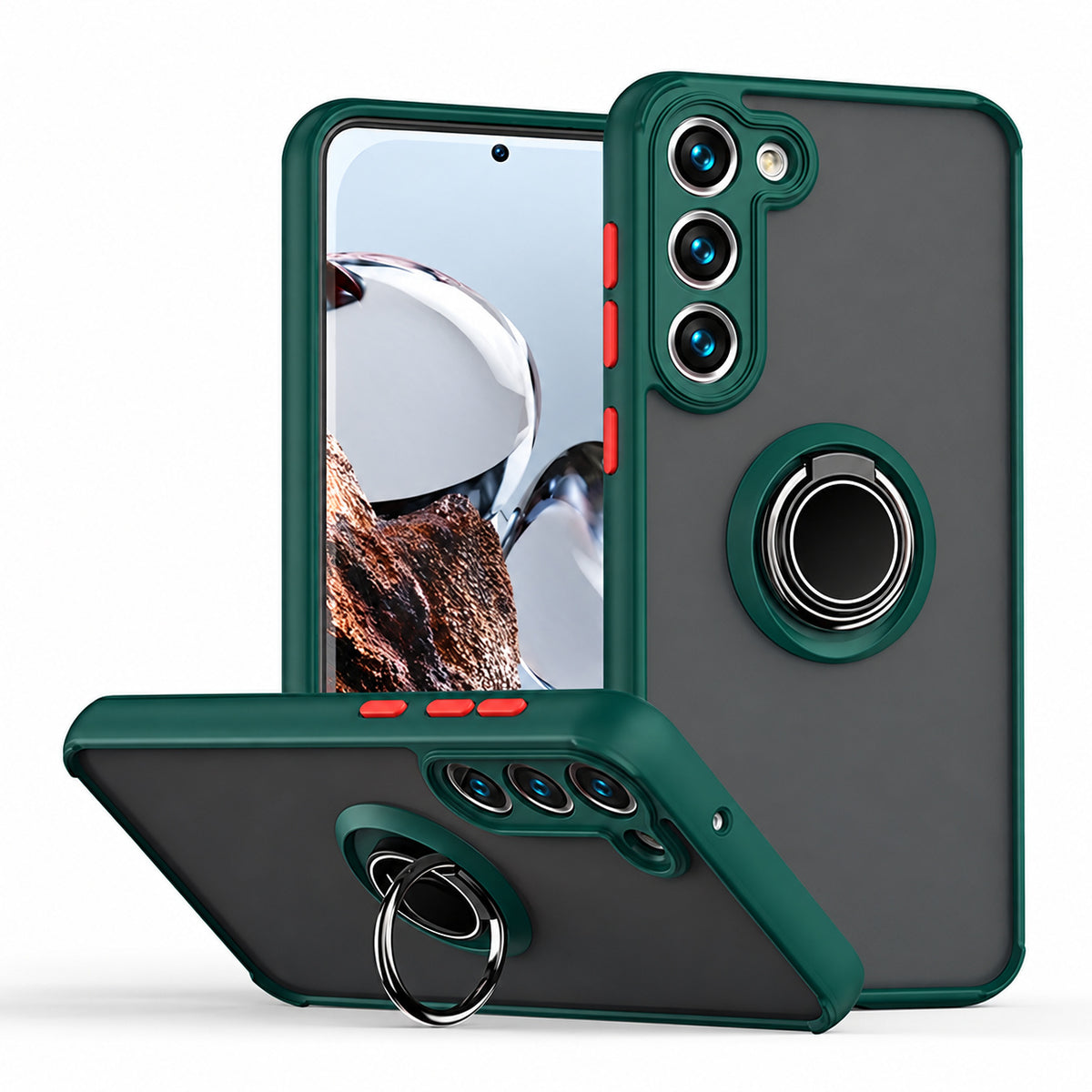 Rubberized Armor with Ring for Samsung Galaxy S24 - Midnight Green/Red