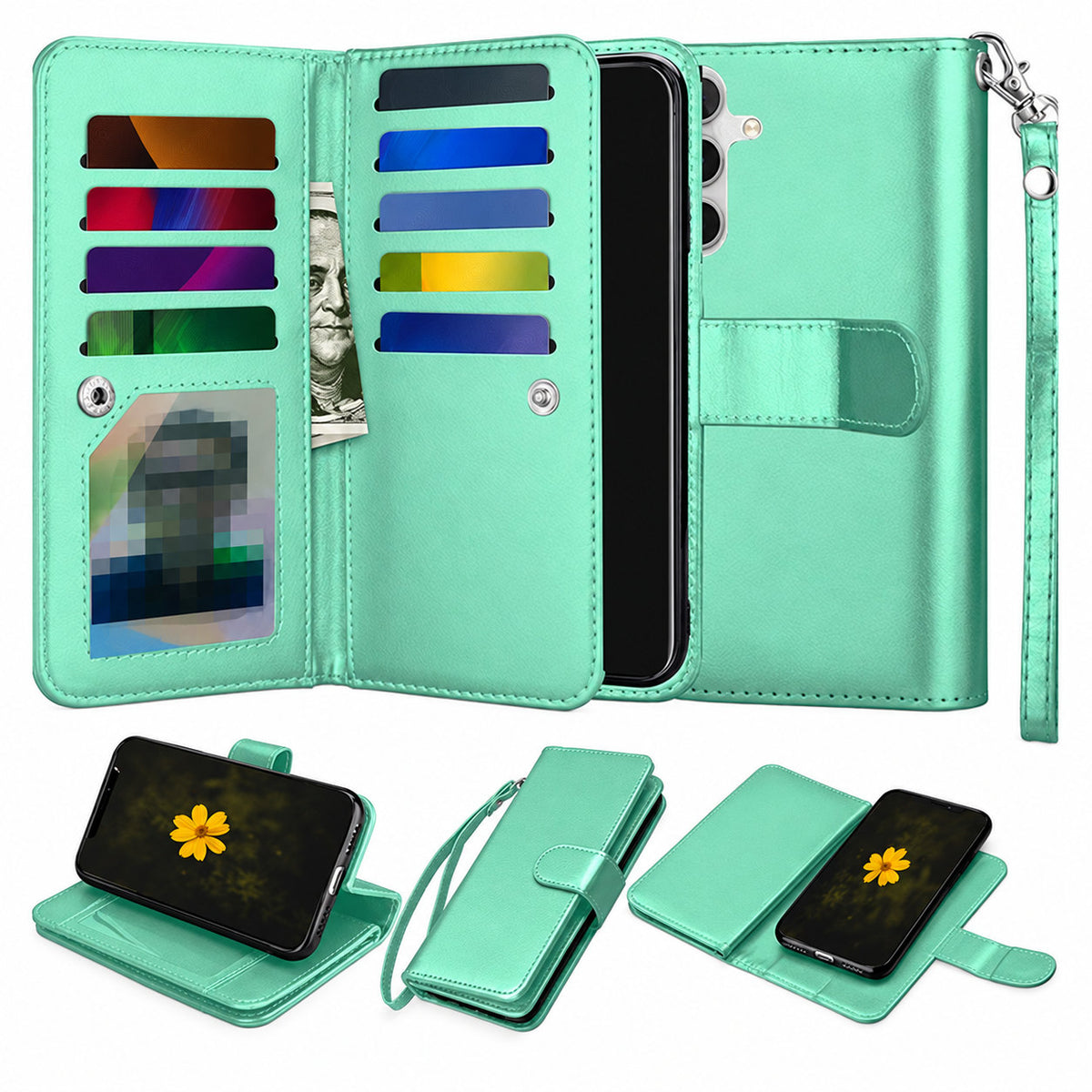 Bifold 9 Card detachable wallet for Samsung Galaxy A14 5G - Teal