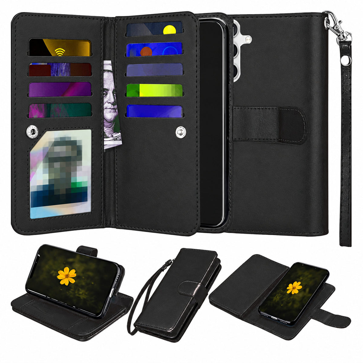 Bifold 9 Card detachable wallet for Samsung Galaxy A14 5G - Black