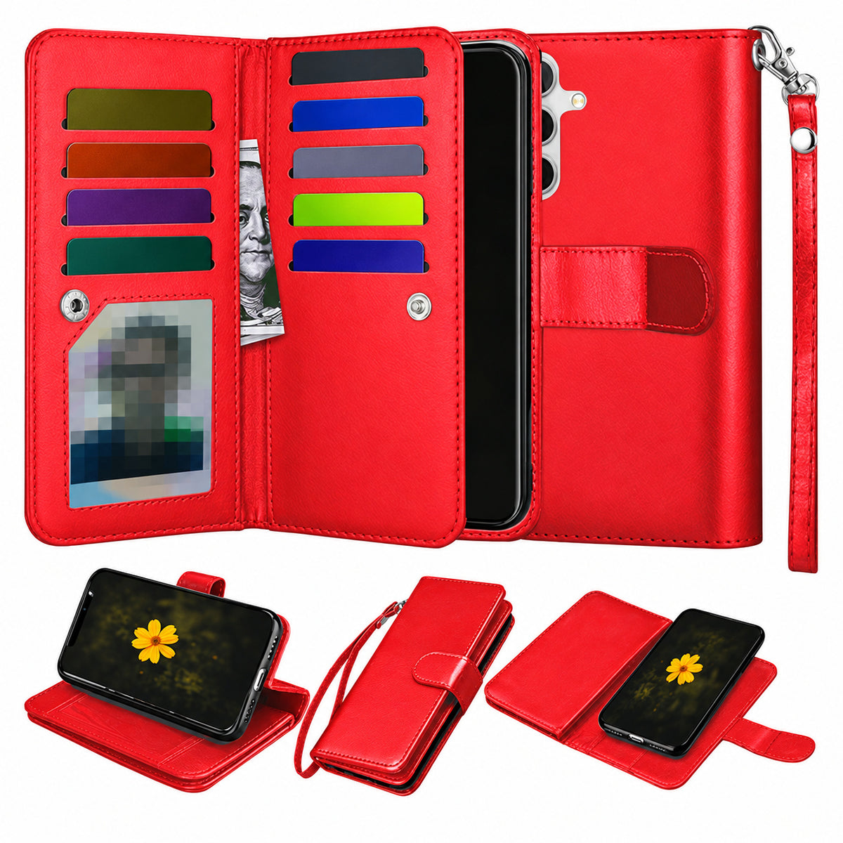 Bifold 9 Card detachable wallet for Samsung Galaxy S25 Plus - Red