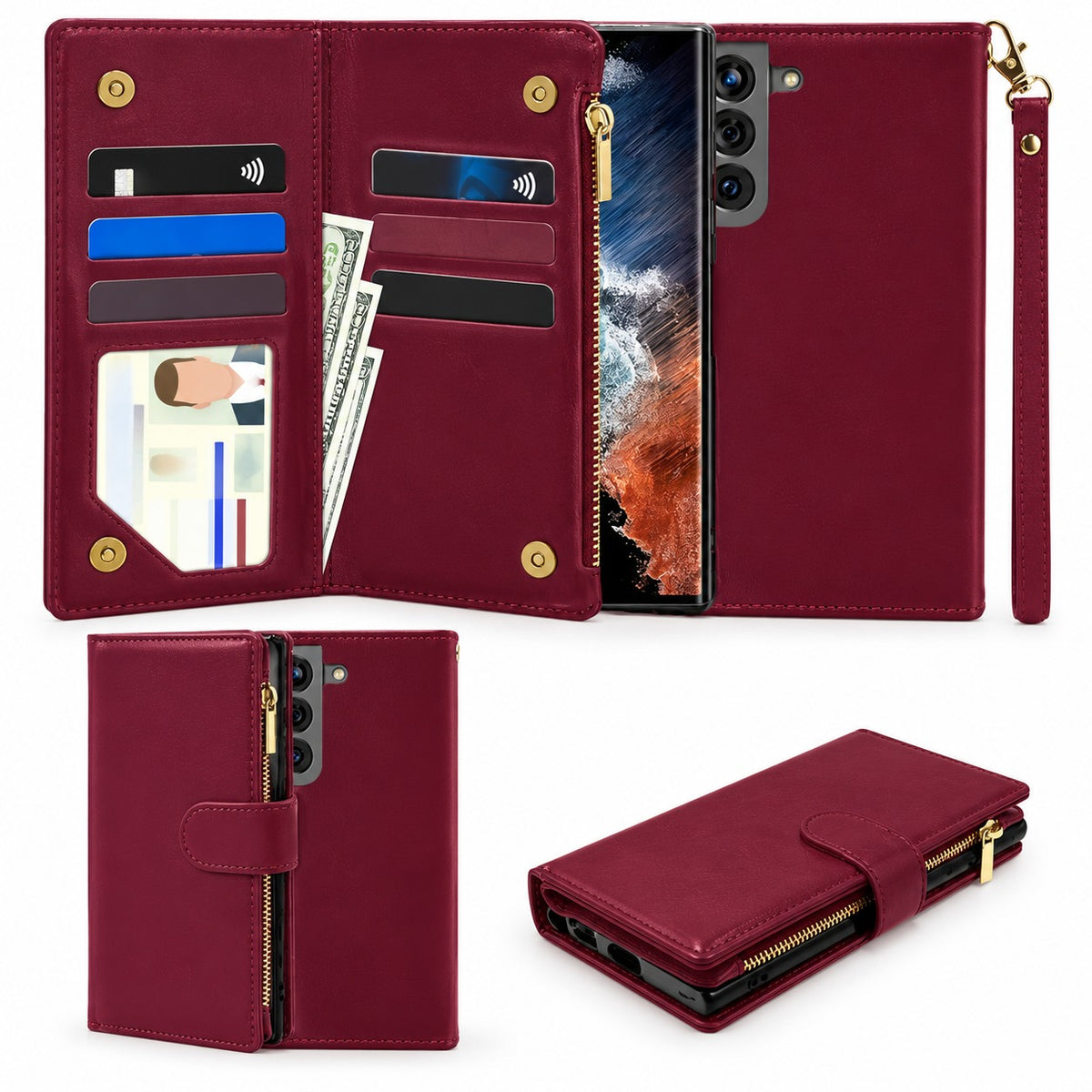 Clutch Detachable Wallet Case for Samsung Galaxy S22 Plus - Wine
