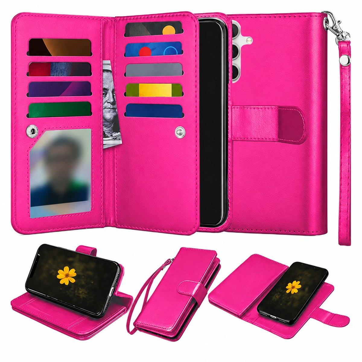 Bifold 9 Card detachable wallet for Samsung Galaxy A13 5G / A04S - Hot Pink