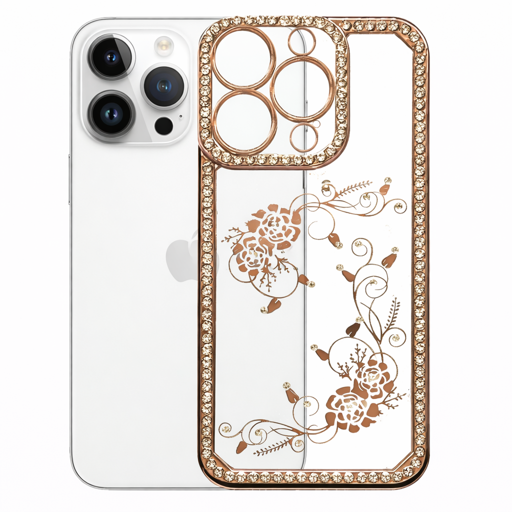 Clear Phone Case – Gold Electro Diamond Border Slim Protective Cover with Wireless Charging Compatibility