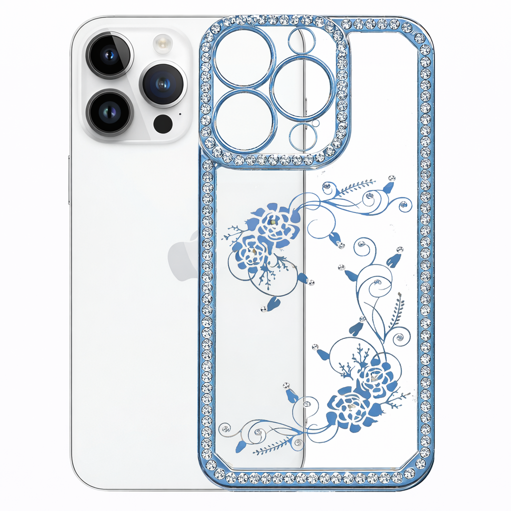 Clear Phone Case – Blue Electro Diamond Border Slim Protective Cover with Wireless Charging Compatibility