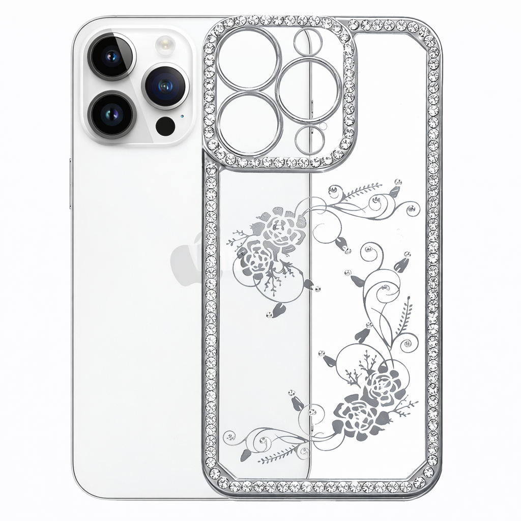 Clear Phone Case – Silver Diamond Border Slim Protective Cover with Wireless Charging Compatibility