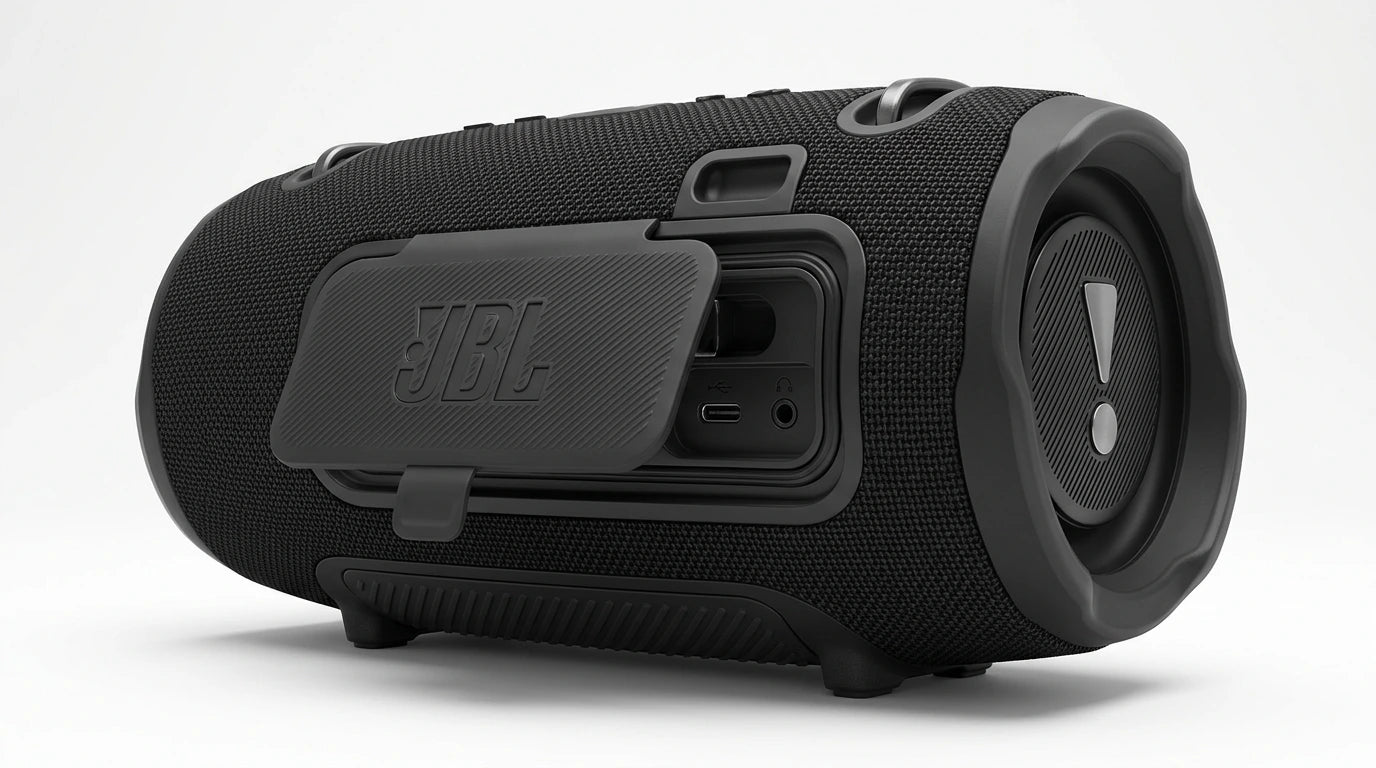 future tech gadgets Canada. smart tech store Canada. JBL Xtreme 4 Portable waterproof speaker. Gallery image 6. Lines name one specific SKU—never substitute a generic lookalike from the category. After review passes, each render should still read as a fresh studio viewpoint of that same physical unit.