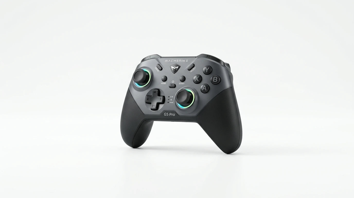 future tech gadgets Canada. premium tech accessories Canada. Machenike G5 Pro Tri-Mode Controller. Gallery image 10. Lines name one specific SKU—never substitute a generic lookalike from the category. After review passes, each render should still read as a fresh studio viewpoint of that same physical unit.