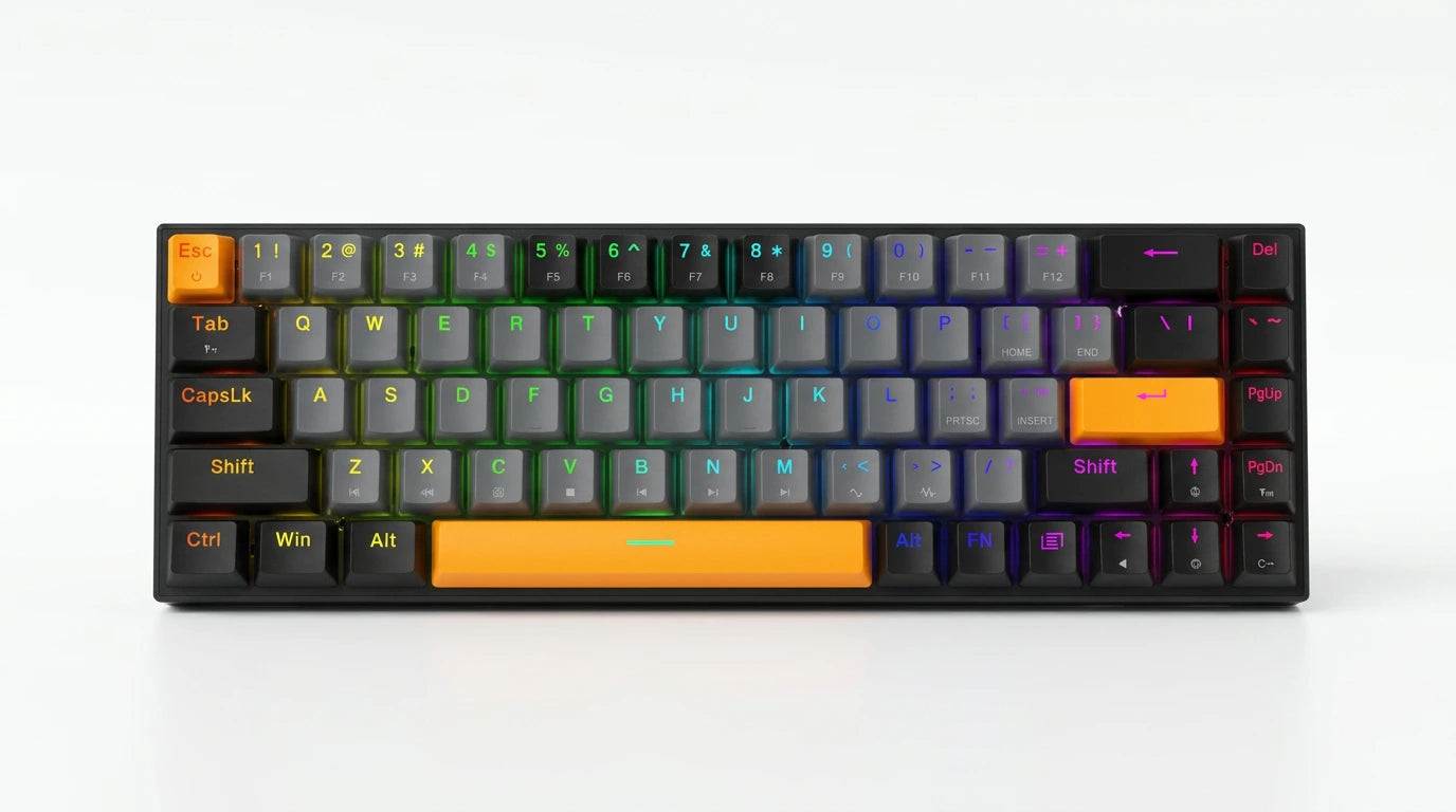 future tech gadgets Canada. premium tech accessories Canada. Machenike K500-B68 Wired RGB Mechanical Keyboard. Gallery image 10. Lines name one specific SKU—never substitute a generic lookalike from the category. After review passes, each render should still read as a fresh studio viewpoint of that same physical unit.